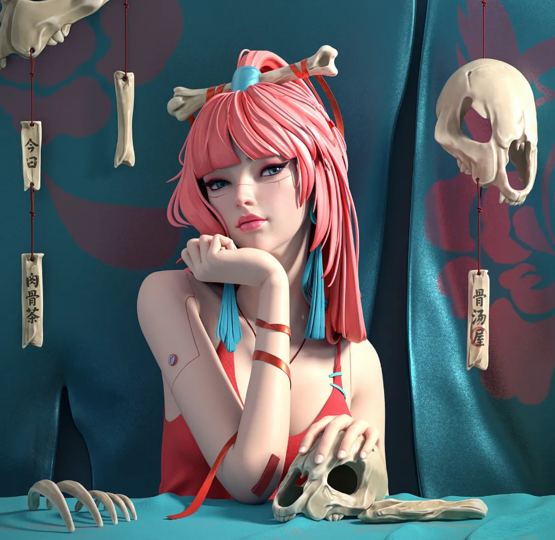 2k粉发鬼系壁纸｜骷髅背景图片 - 二次元少女「哲风壁纸」