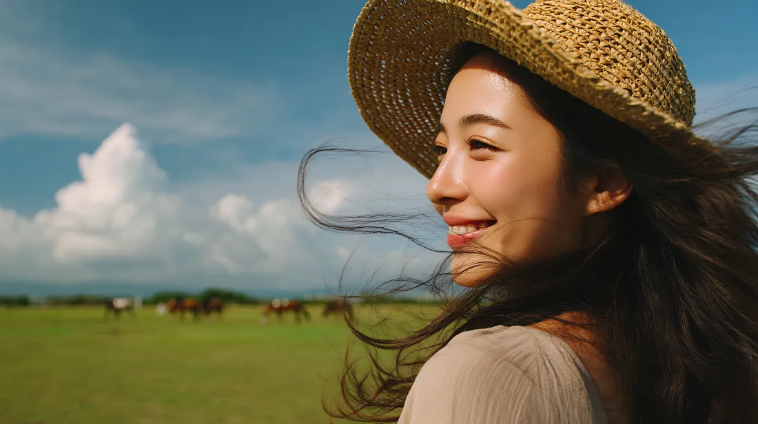 6k草帽女孩壁纸｜户外背景图片 - 草原蓝天「哲风壁纸」