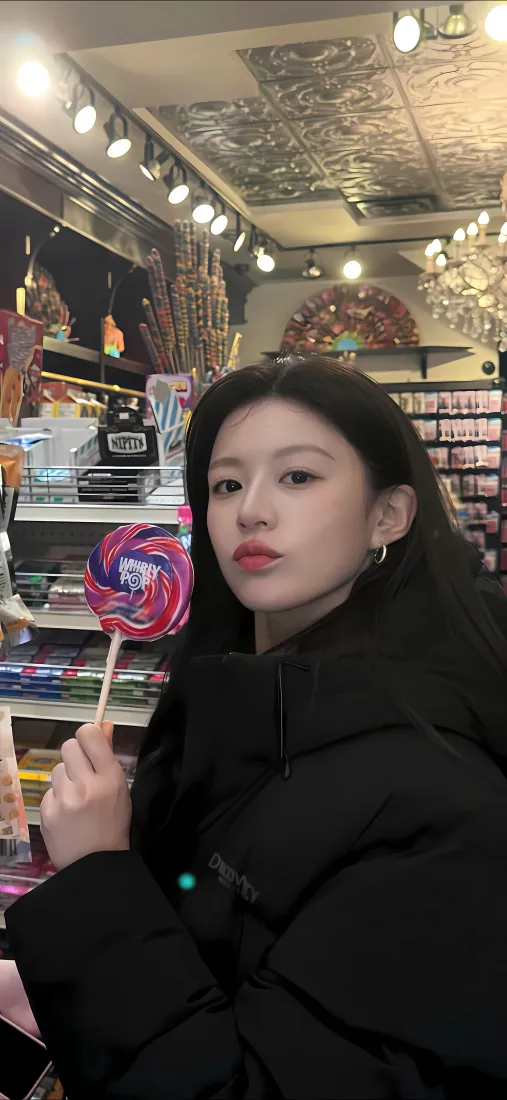 金允贞手机壁纸｜商店逛街背景图片 - 黑衣手持大棒棒糖「哲风壁纸」