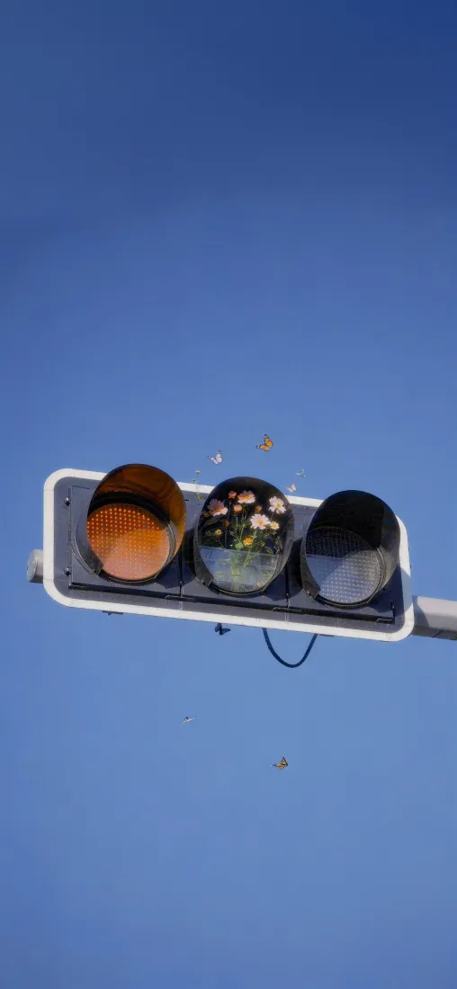 红绿灯鲜花手机壁纸｜蓝天背景图片 - 创意街景「哲风壁纸」