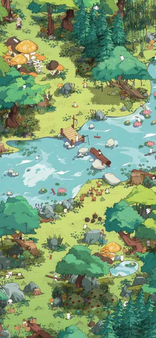 卡通森林手机壁纸｜治愈背景图片 - 河畔露营「哲风壁纸」