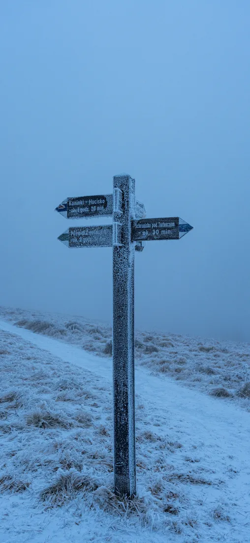 雪地指示牌手机壁纸｜户外背景图片 - 雾天荒野雪景「哲风壁纸」
