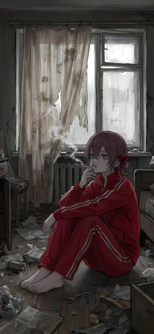 吸烟女孩手机壁纸｜杂乱房间背景图片 - 红色运动服「哲风壁纸」