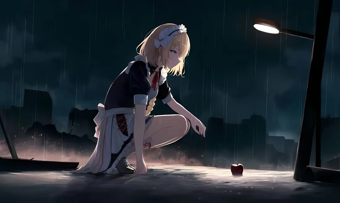 2k女仆装壁纸｜雨夜路灯背景图片 - 红苹果「哲风壁纸」