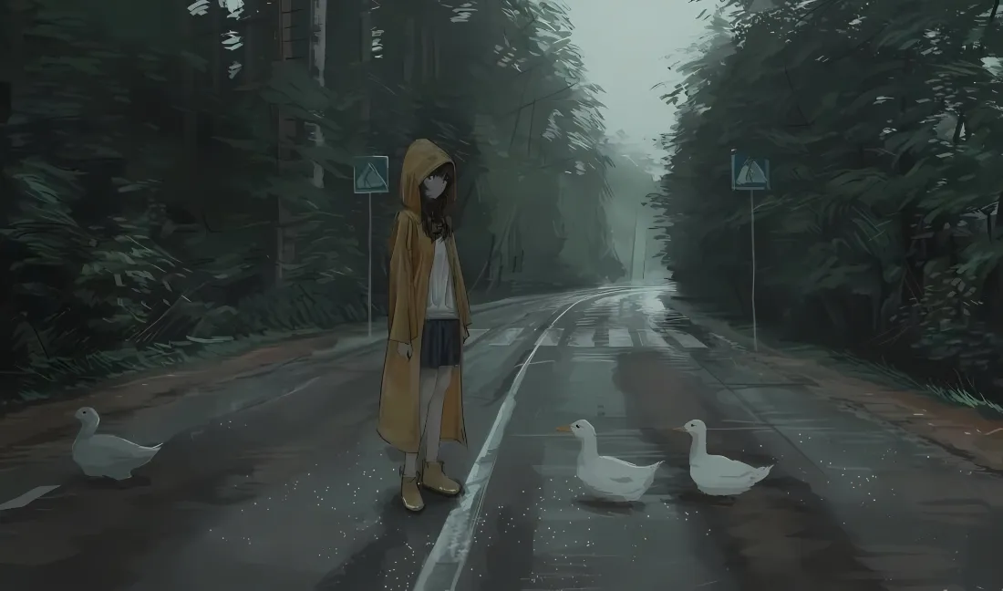 2k雨衣少女壁纸｜林间道路背景图片 - 雨雾白鹅「哲风壁纸」
