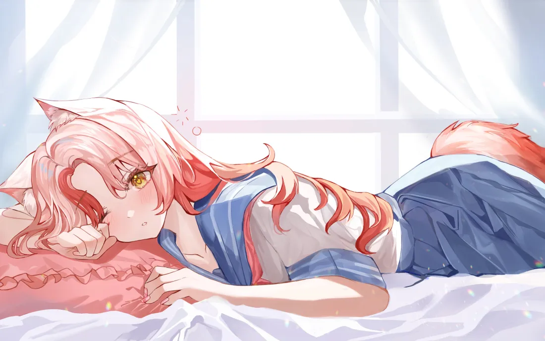 4k猫耳少女壁纸｜清新治愈背景图片 - 晨光卧室「哲风壁纸」