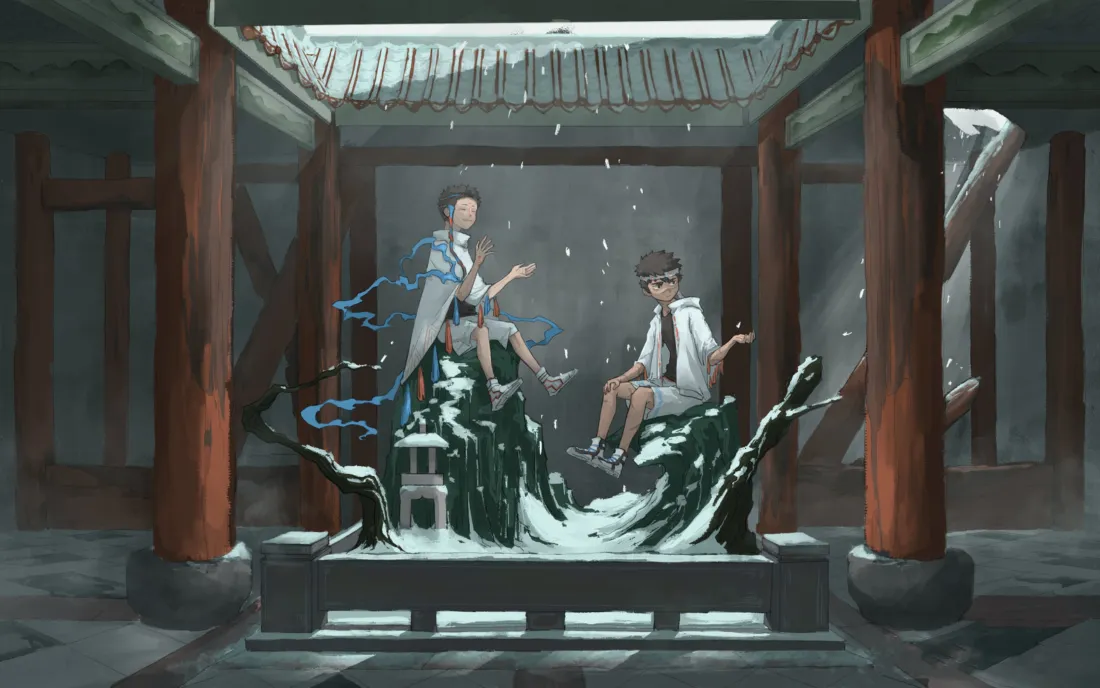 4k二次元少年壁纸｜落雪古风背景图片 - 庭院意境「哲风壁纸」