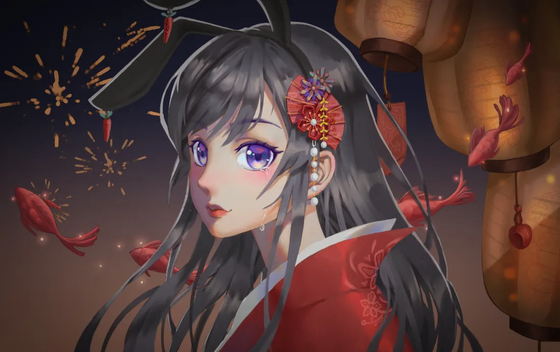 4k兔耳少女壁纸｜新年古风背景图片 - 红灯锦鲤「哲风壁纸」