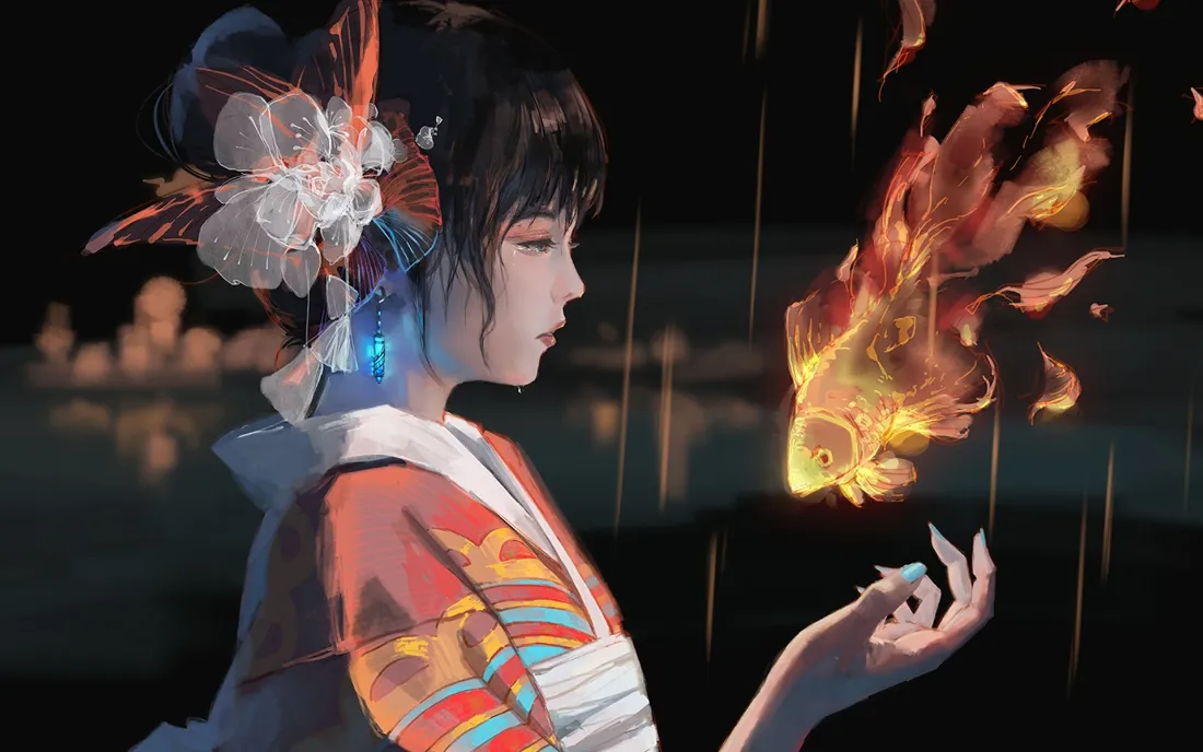 2k和服少女壁纸｜金鱼背景图片 - 梦幻夜景「哲风壁纸」