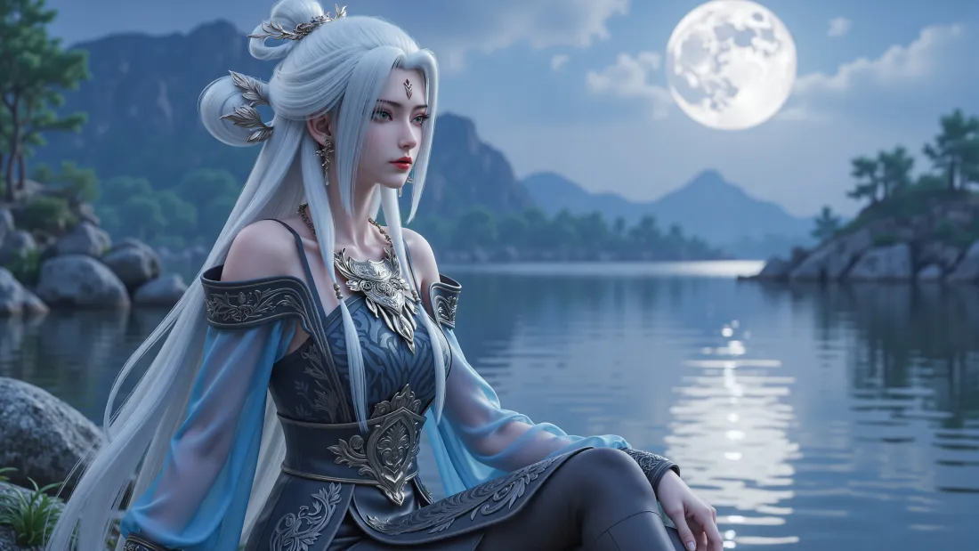 2k诛仙小白壁纸｜月夜湖面背景图片 - 白发美人「哲风壁纸」