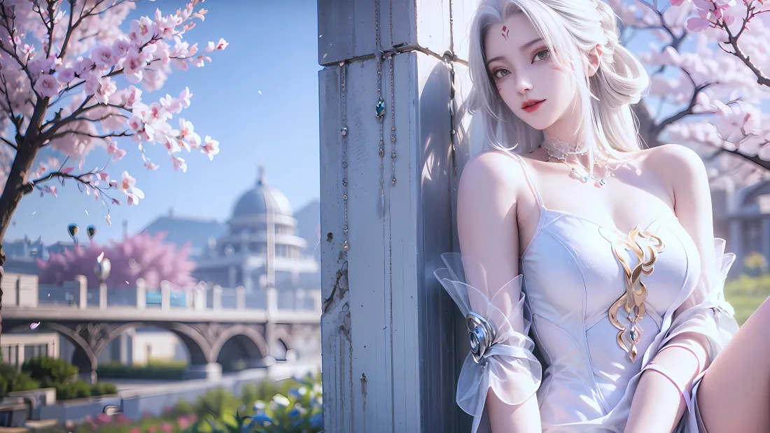 4k诛仙小白壁纸｜樱花水岸背景图片 - 白发美人「哲风壁纸」