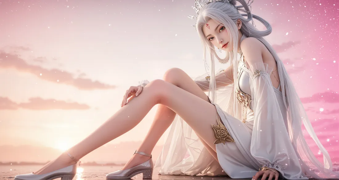 3k诛仙小白壁纸｜晚霞背景图片 - 银发古风美人「哲风壁纸」