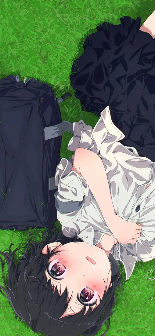 JK少女手机壁纸｜草地背景图片 - 黑发少女「哲风壁纸」