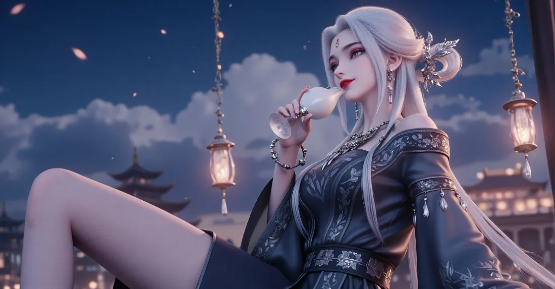 3k诛仙小白壁纸｜古风夜景背景图片 - 白发美人「哲风壁纸」