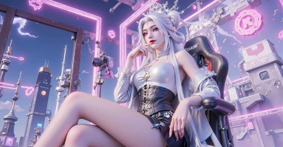 6k诛仙小白壁纸｜赛博都市背景图片 - 银发美女「哲风壁纸」