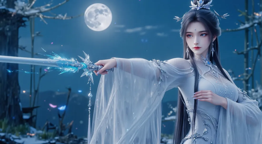 3k陆雪琪壁纸｜诛仙背景图片 - 月夜白衣持剑「哲风壁纸」