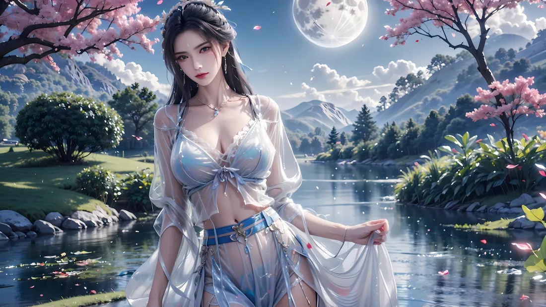 9k陆雪琪壁纸｜诛仙背景图片 - 月夜樱花湖畔「哲风壁纸」