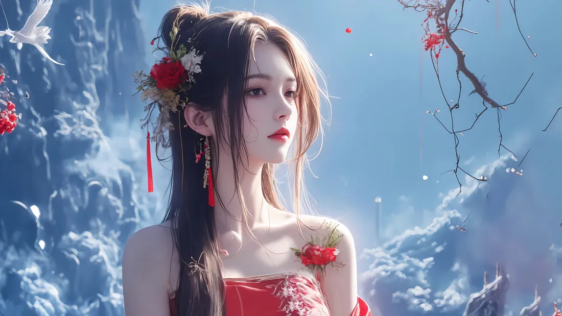 4k火灵儿完美世界壁纸｜仙侠山水背景图片 - 红衣佳人「哲风壁纸」