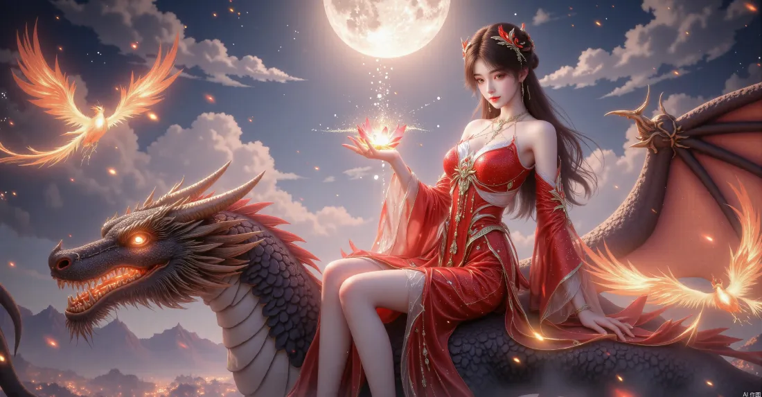 3k火灵儿完美世界壁纸｜玄幻夜空背景图片 - 红龙火凤「哲风壁纸」