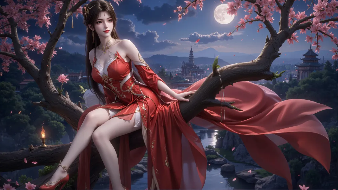 4k火灵儿完美世界壁纸｜月夜桃花背景图片 - 红衣美人「哲风壁纸」