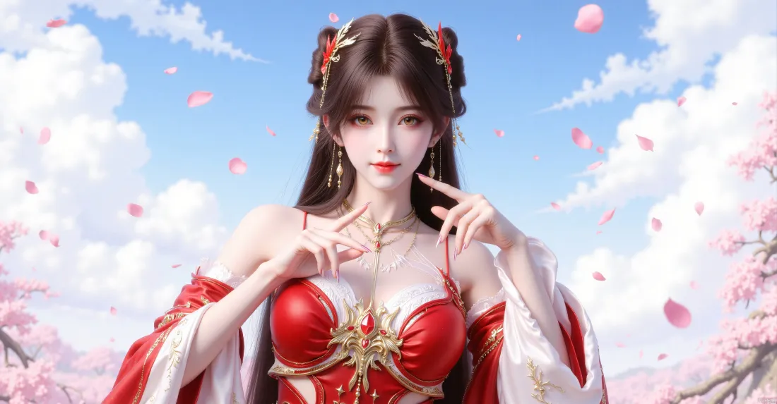 3k火灵儿完美世界壁纸｜桃花蓝天背景图片 - 红衣古风美人「哲风壁纸」