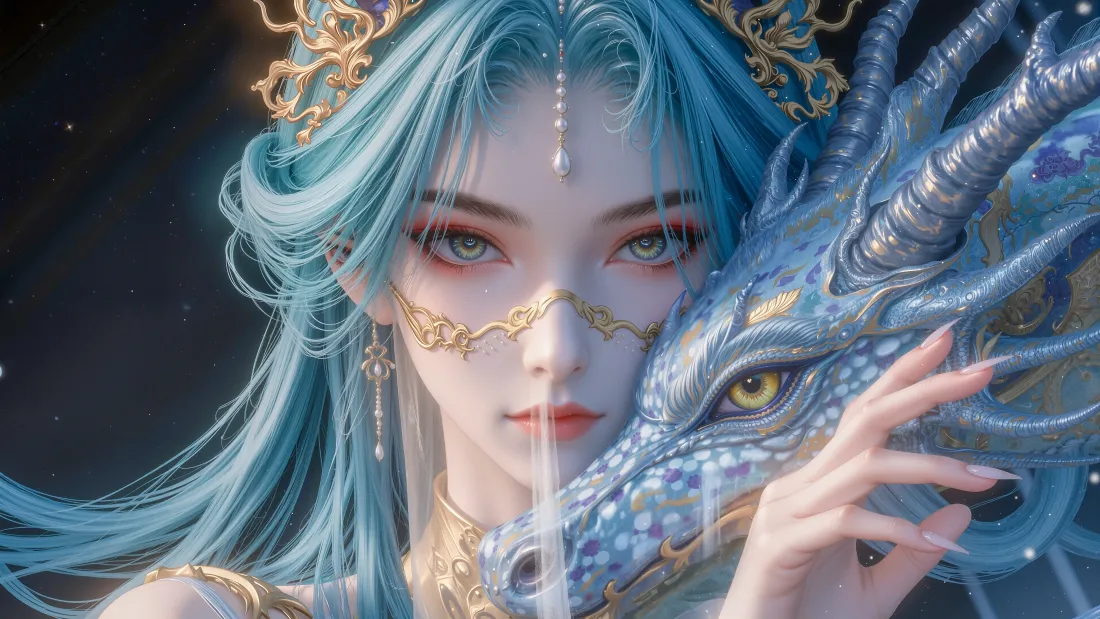 4k完美世界壁纸｜蓝发龙女背景图片 - 古风美人「哲风壁纸」