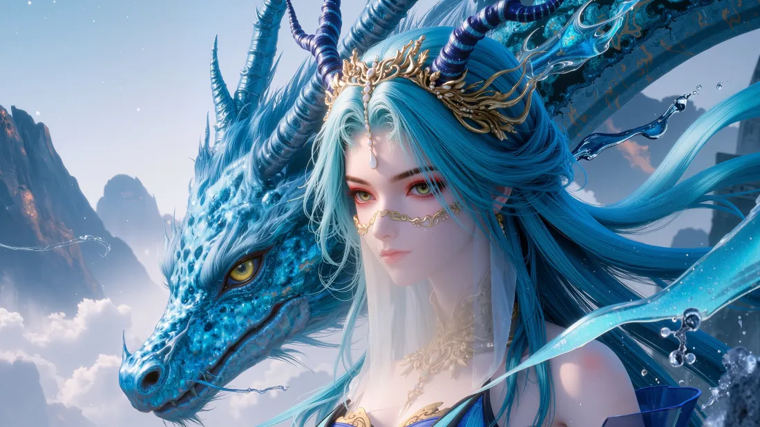 4k完美世界壁纸｜蓝发龙女背景图片 - 云海蓝龙「哲风壁纸」