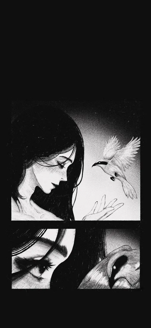 黑白插画手机壁纸｜漫画背景图片 - 少女与飞鸟「哲风壁纸」