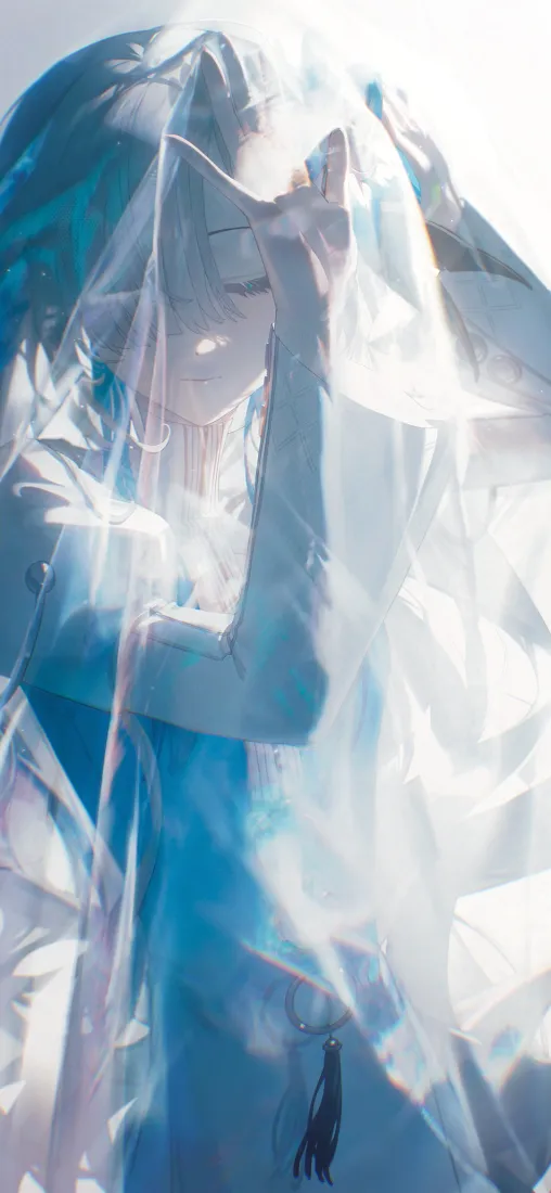 蓝发少年手机壁纸｜白纱背景图片 - 清新二次元「哲风壁纸」