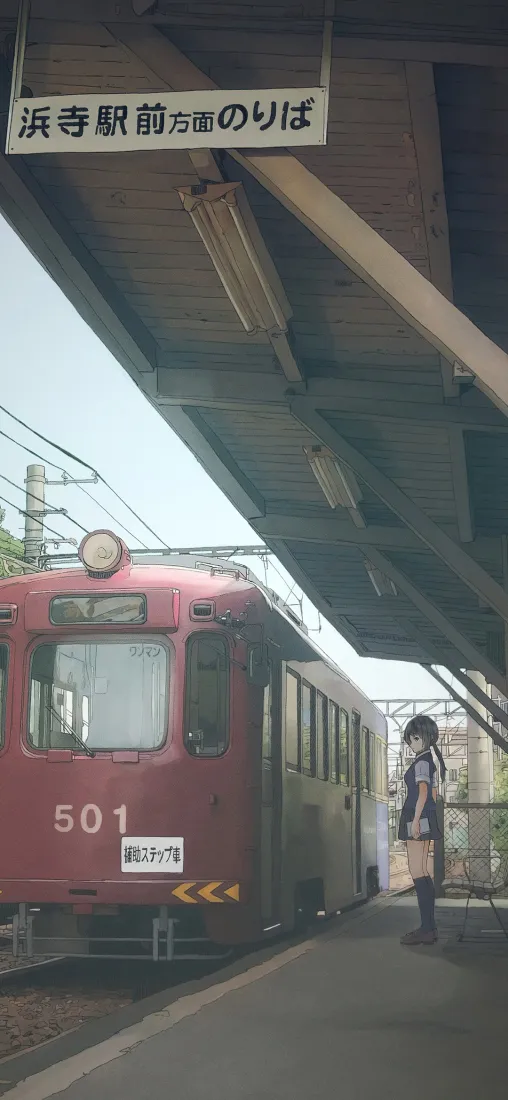 少女手机壁纸｜火车站背景图片 - 日系红色电车「哲风壁纸」