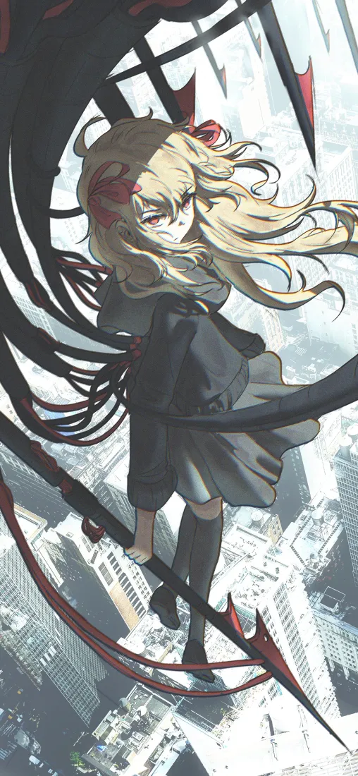 金发恶魔少女手机壁纸｜城市上空背景图片 - 二次元插画「哲风壁纸」