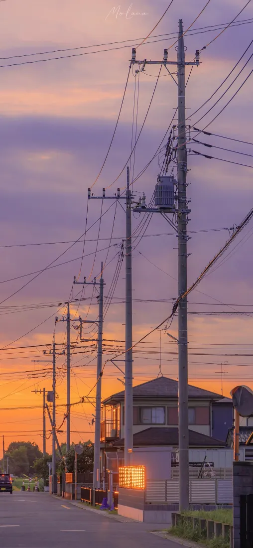 黄昏手机壁纸｜街道背景图片 - 乡间电线杆「哲风壁纸」