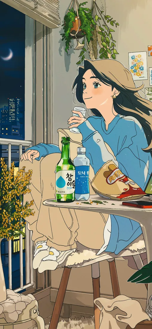 动漫少女手机壁纸｜阳台夜景背景图片 - 休闲治愈「哲风壁纸」