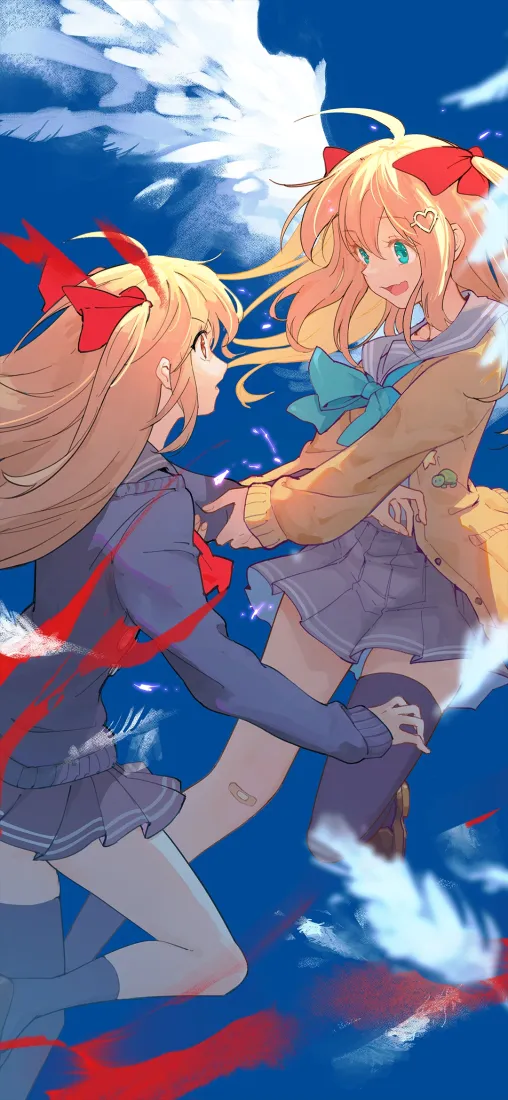 姐妹飞天手机壁纸｜蓝天背景图片 - 二次元少女「哲风壁纸」