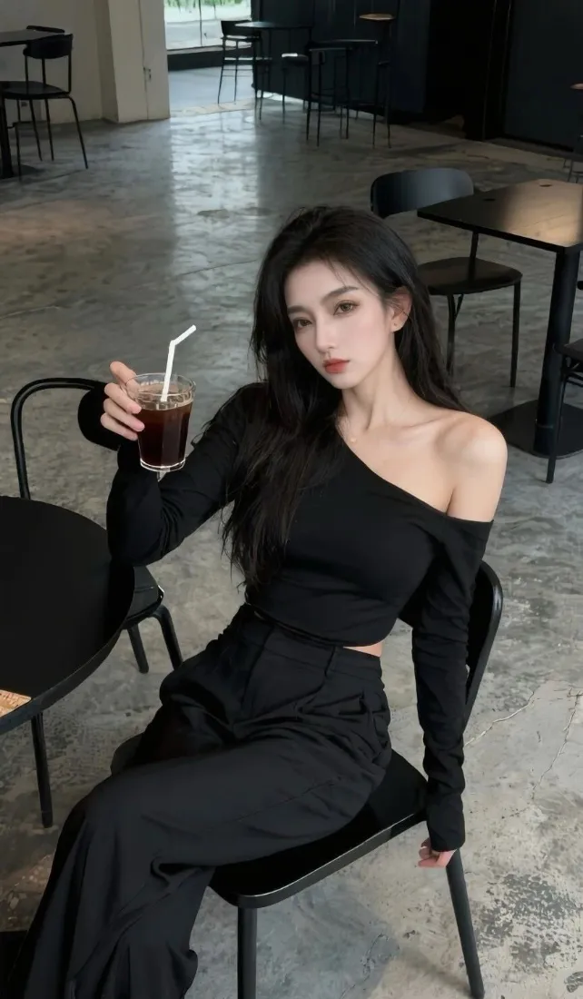 黑衣美女手机壁纸｜咖啡厅背景图片 - 气质御姐「哲风壁纸」