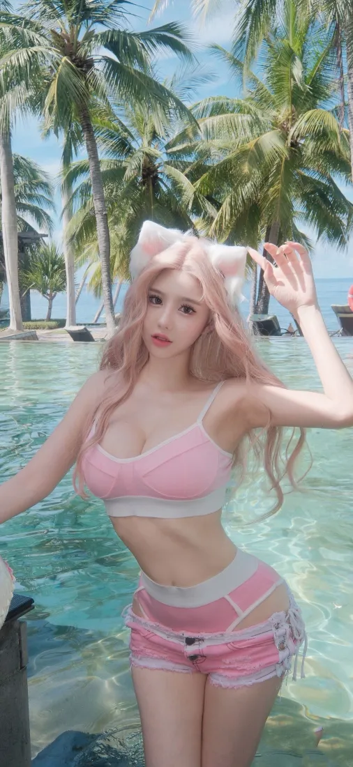 猫耳美女手机壁纸｜海边背景图片 - 粉色穿搭「哲风壁纸」