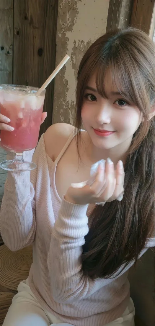 清纯美女手机壁纸｜室内休闲背景图片 - 粉色饮品「哲风壁纸」