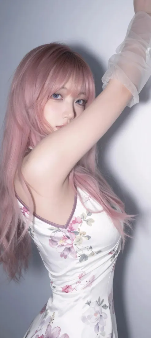 粉发美女手机壁纸｜ios背景图片 - 印花裙少女「哲风壁纸」