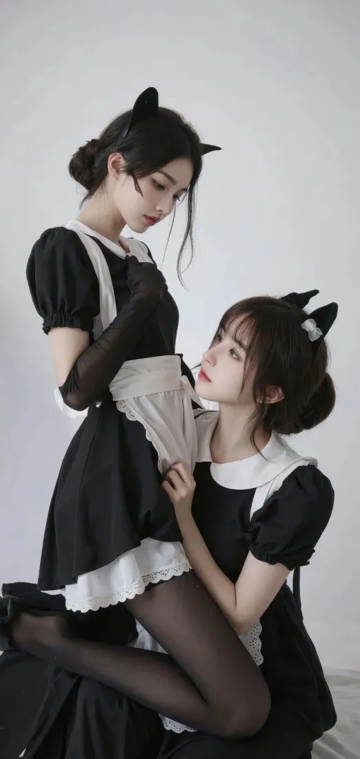 猫耳女仆手机壁纸｜简约背景图片 - 双生美女「哲风壁纸」