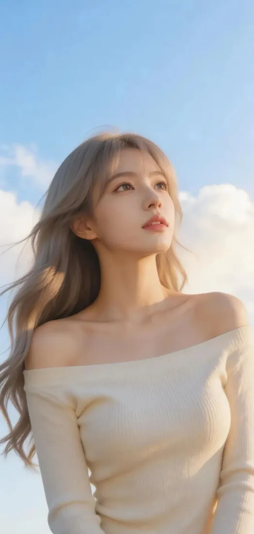 气质浅发美女手机壁纸｜蓝天白云背景图片 - 温柔少女「哲风壁纸」
