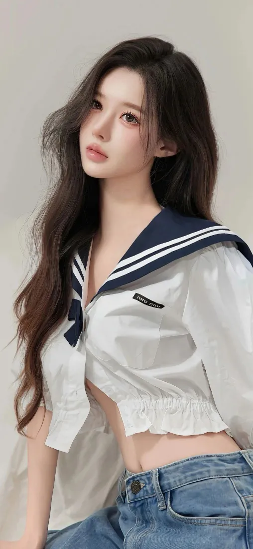 清纯美女手机壁纸｜纯色背景图片 - 水手服穿搭「哲风壁纸」