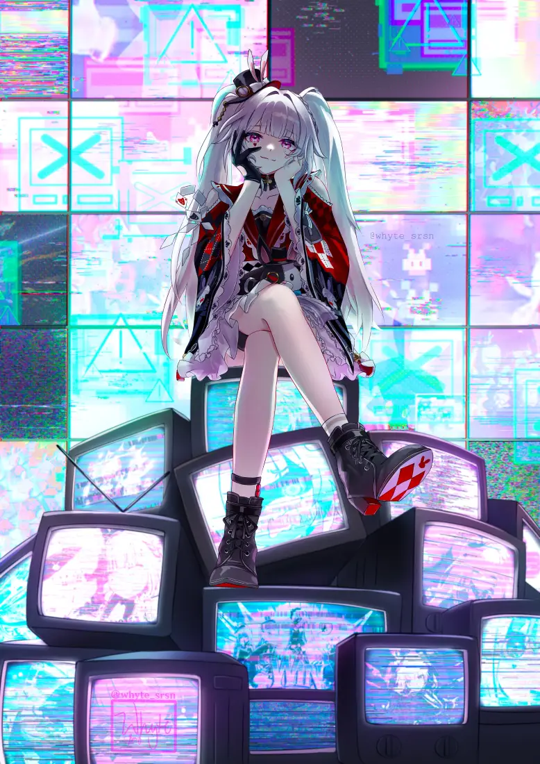 赛博朋克手机壁纸｜故障风背景图片 - 双马尾病娇少女「哲风壁纸」