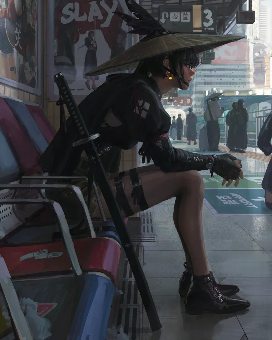 赛博朋克手机壁纸｜女剑士背景图片 - 未来都市街头「哲风壁纸」