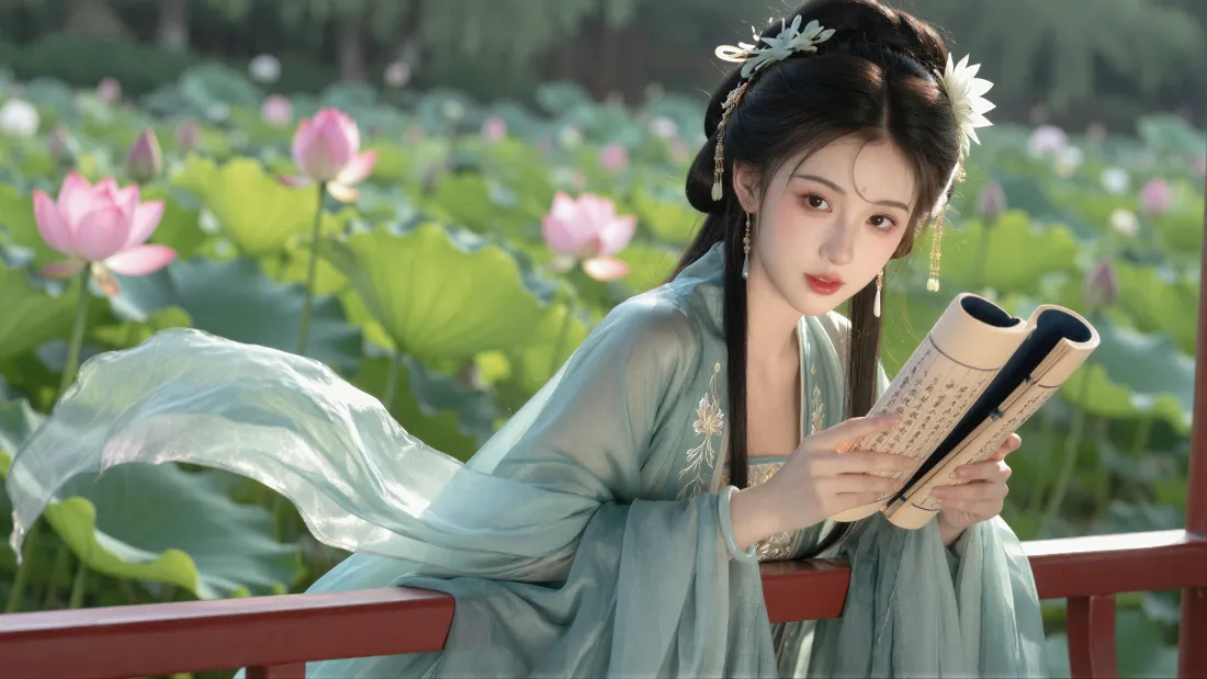 4k古风少女壁纸｜荷塘荷花背景图片 - 汉服美人展卷「哲风壁纸」