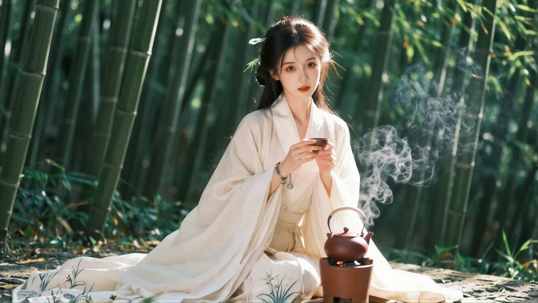 4k古风壁纸｜竹林背景图片 - 白衣少女煮茶「哲风壁纸」