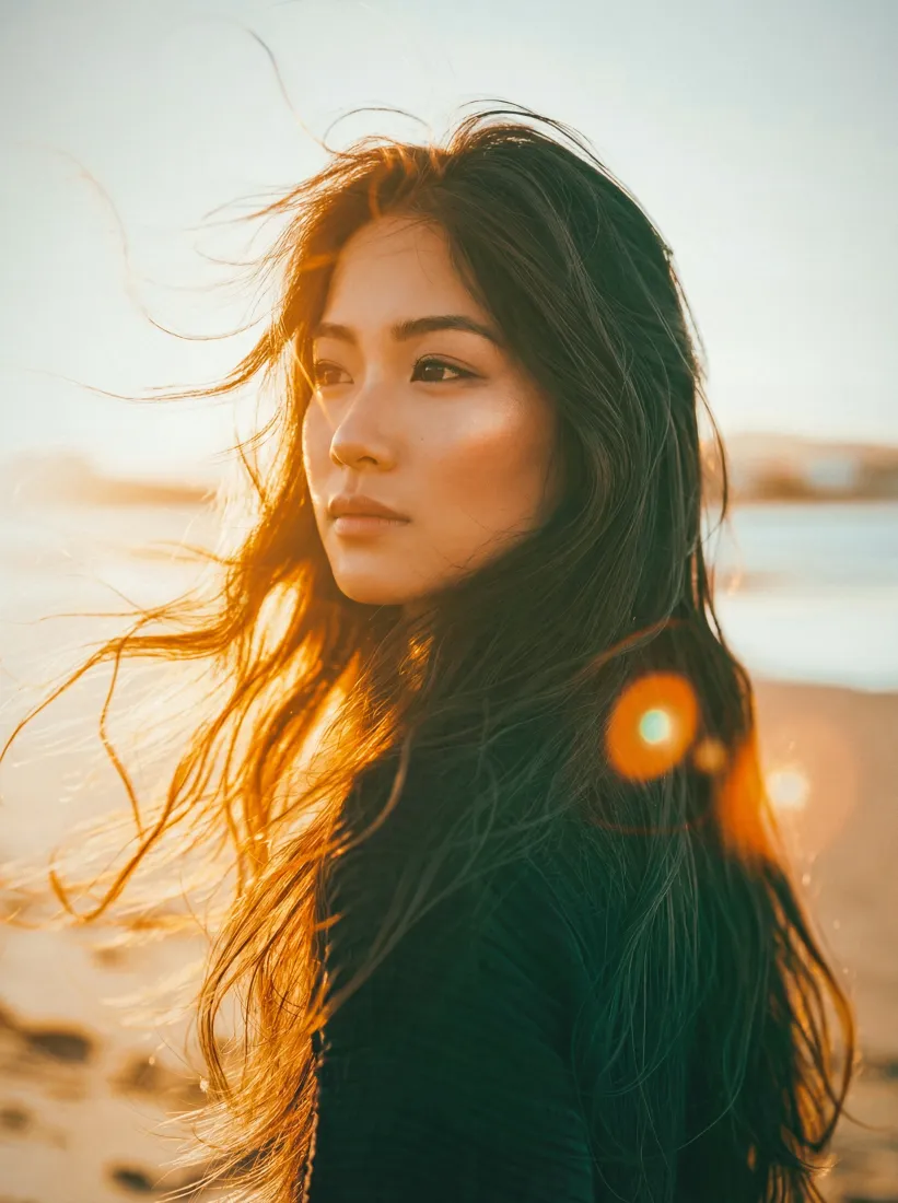 长发女孩手机壁纸｜海滩背景图片 - 暖光阳光下「哲风壁纸」