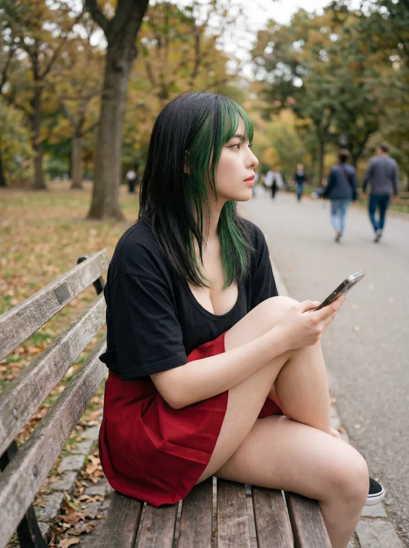 绿发女生手机壁纸｜户外背景图片 - 秋日公园「哲风壁纸」