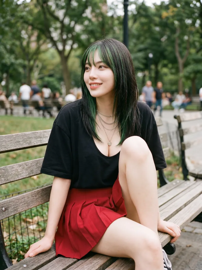 绿发挑染美女手机壁纸｜户外背景图片 - 公园长椅「哲风壁纸」