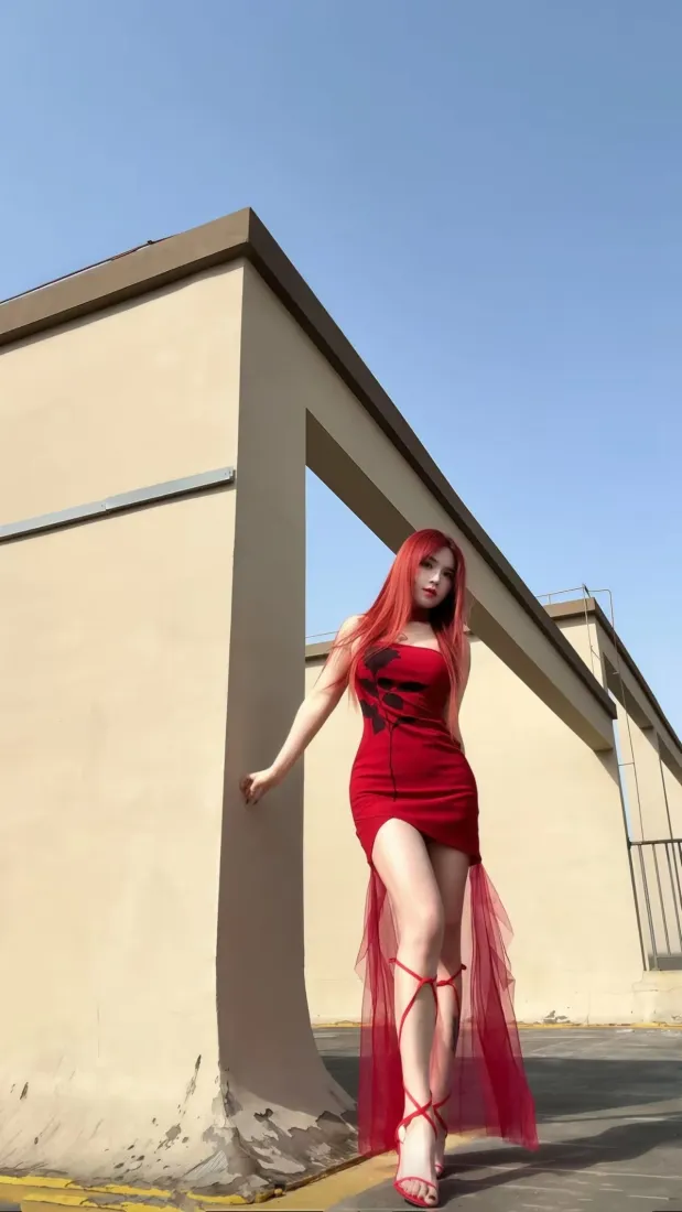 红发美女手机壁纸｜天台背景图片 - 红裙高跟鞋「哲风壁纸」