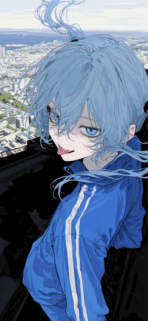 蓝发运动少年手机壁纸｜城市远景背景图片 - 二次元手绘「哲风壁纸」